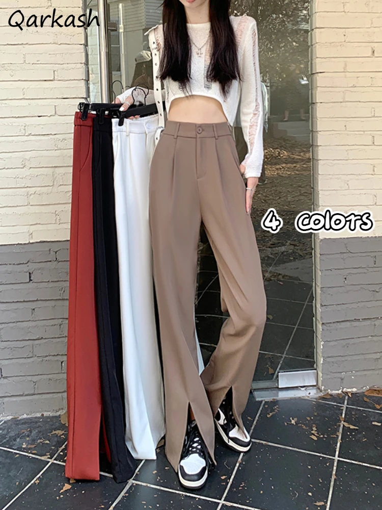 

4 Colors Casual Pants Women Vintage All-match High Waist Streetwear Slit Design Solid Korean Style Pantalones De Mujer Teens New