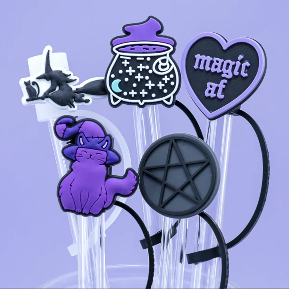 Description Picture 5 of item1-12PCS Silicone Magic Purple Straw Toppers for Cup,Witches Cat Moon Skull 10mm Straw Covers Cap Dustproof Drinkware Tips Party