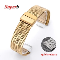 Slim Stainless Steel Watch Band with Quick Release and Double Safety Buckle - 22mm (Gold)