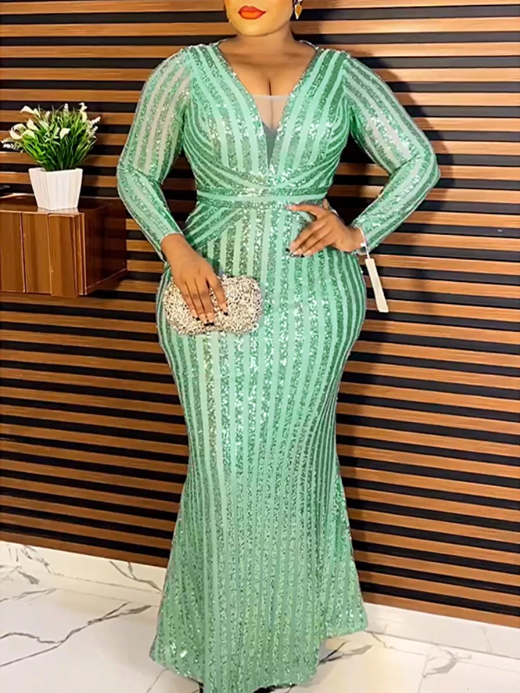 

Блестящее вечернее платье для женщин, сексуальное платье с глубоким V-образным вырезом и длинными рукавами, в полоску, с блестками, расклешенное платье, вечерние платья для особых случаев