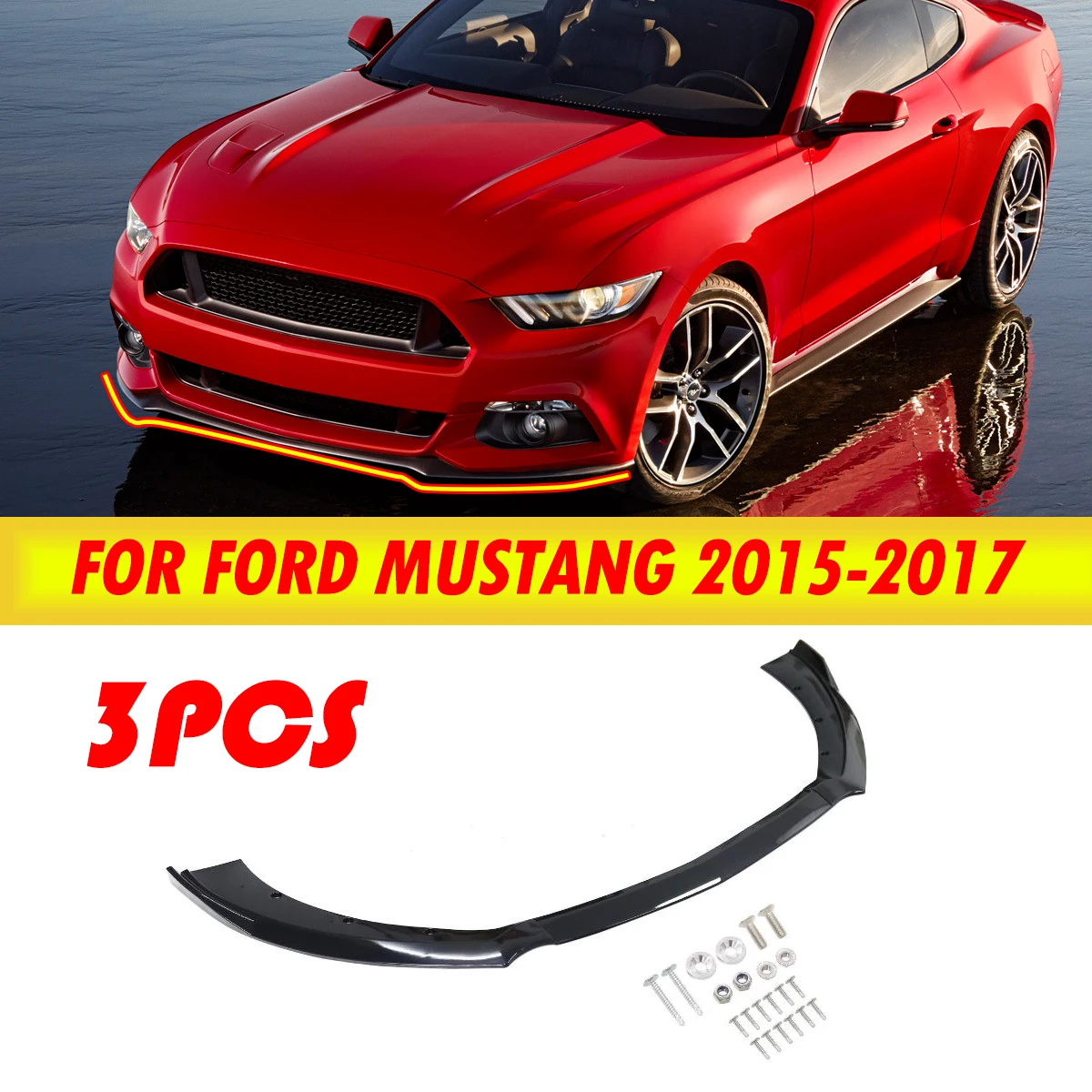 

For Ford For Mustang 2015 2016 2017 3pcs Carbon Fiber Look /Black Car Front Bumper Splitter Lip Diffuser Spoiler Bumper