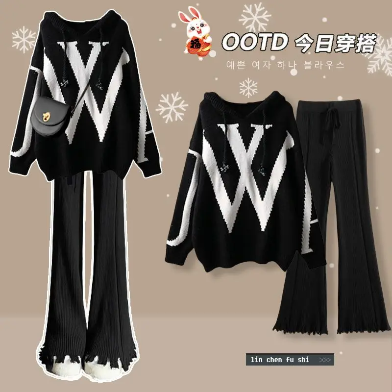 Spring Gentle Style Women's 2023 New Korean Versatile Hooded Sweater Slim High Waist Knitted Pants Two Piece Set