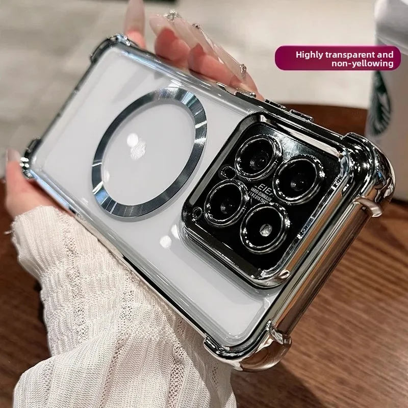 Transparent Anti-Yellowing Plating Case with Built-in Lens Film and Magnetic Shockproof Protection