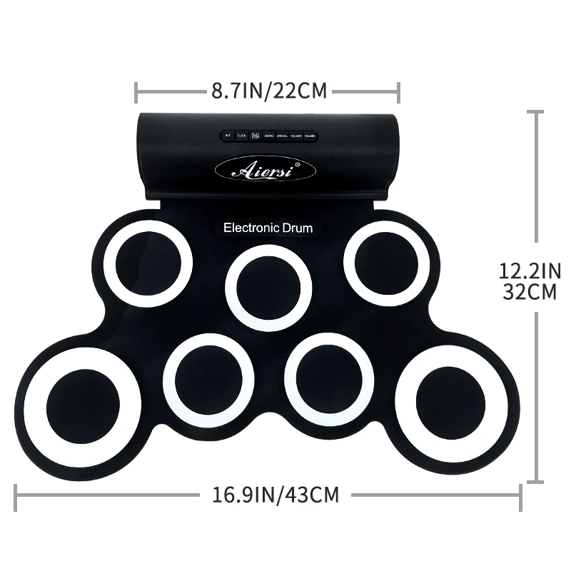 Aiersi-Electronic Drum Digital USB MIDI Roll Up Set, Silicone Electric Drum Pad Kit with Drumsticks, Sustain Pedal, 7 Pads