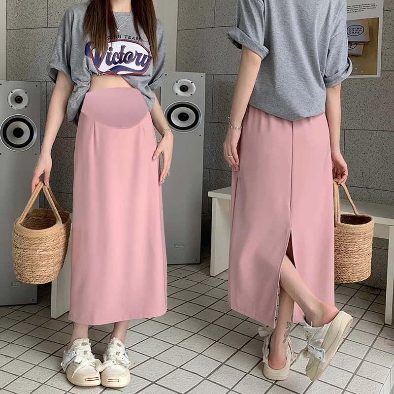 Summer Thin Drappy OL Youth Maternity Skirts Back Splits A Line Loose Belly Clothes for Pregnant Women Casual Pregnancy