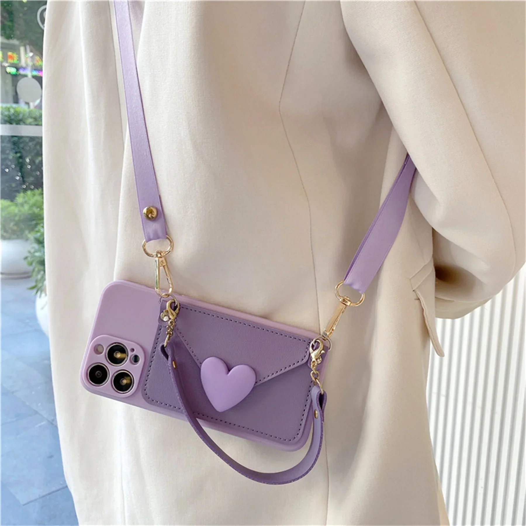 thumbnail image 1 of Korean Crossbody Lanyard Necklace Strap Card Holder Purple Case for iPhone 11 15 13 14 Pro Max X XS XR Max Coin Purse Cover, 1 of 4