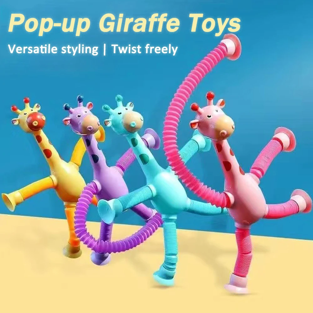 Children Telescopic Suction Cup Giraffe Toys Pop-up Tube Telescopic Giraffe Toy for Boys Girls Kids Creative Early Education Toy