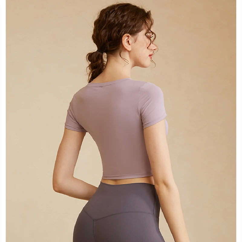 Women Sports Short Sleeve Waist Hollow Breathable Slim Crop Tops Quick Dry Running T Shirt Yoga Tees Fitness Gym Workout Shirts