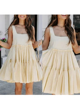 Women's Summer Mini Tank Dresses Sleeveless Solid Color Square Neck Tiered Beach Dresses 5