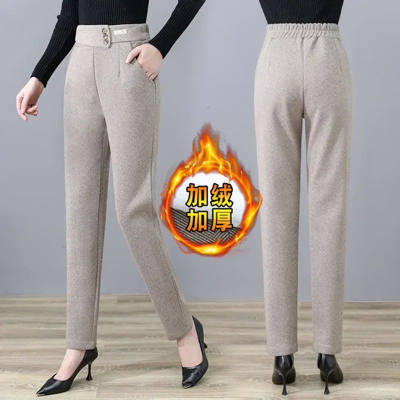 New Woollen Trousers Women Autumn Winter Fleece-Lined Herringbone Pattern High Waist Loose Casual Pants for Women