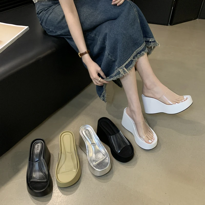 

White Slippers Women Heeled Sandals Silver Wedges Slippers Summer Transparent Chunky Platform Shoes Ladies Sandalias 2024 Mujer