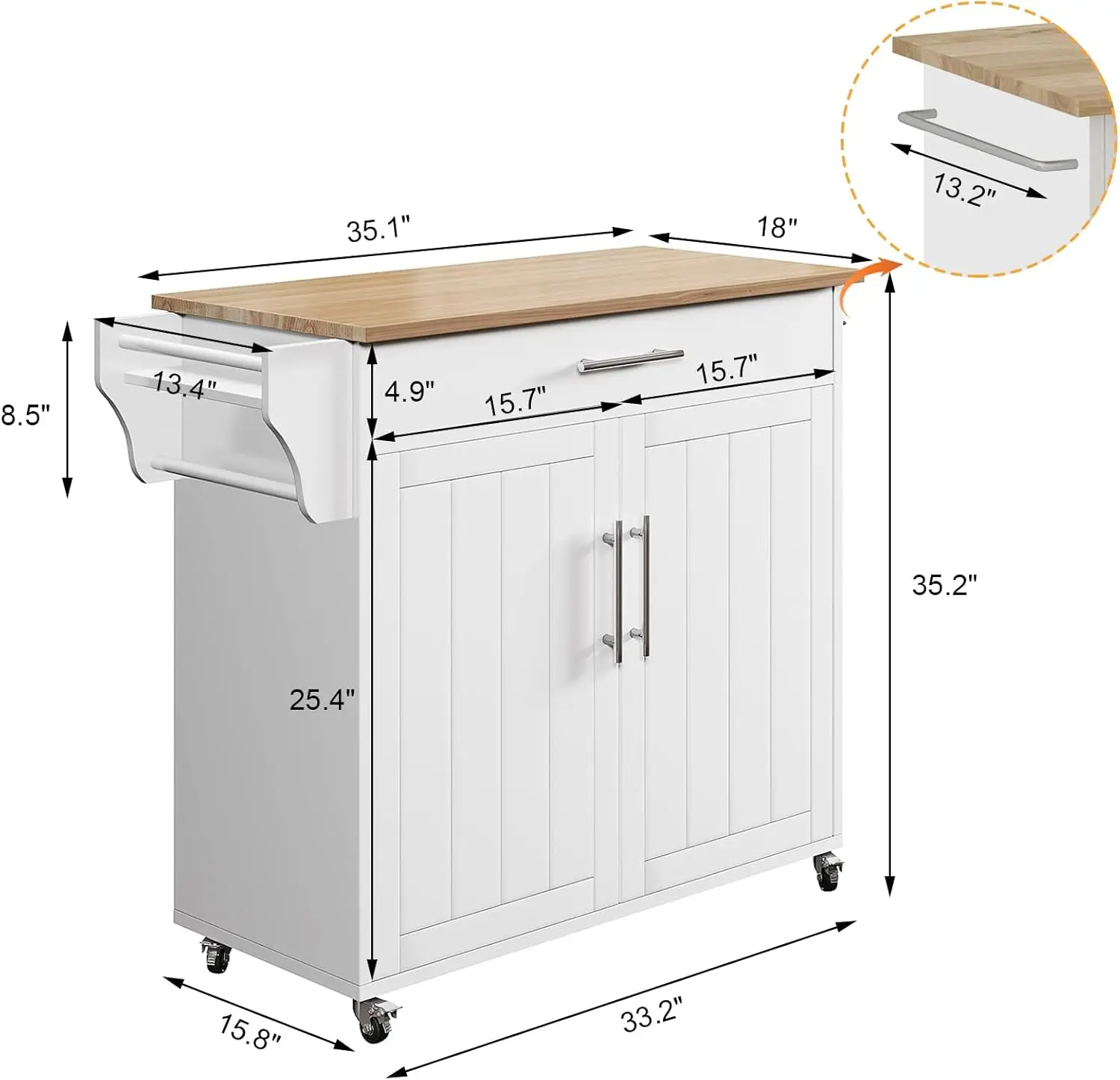 Storage Island, Wooden Rolling Kitchen Island On Wheels with Wood Top, Mobile Kitchen Island Cart with Towel Rack, Spice