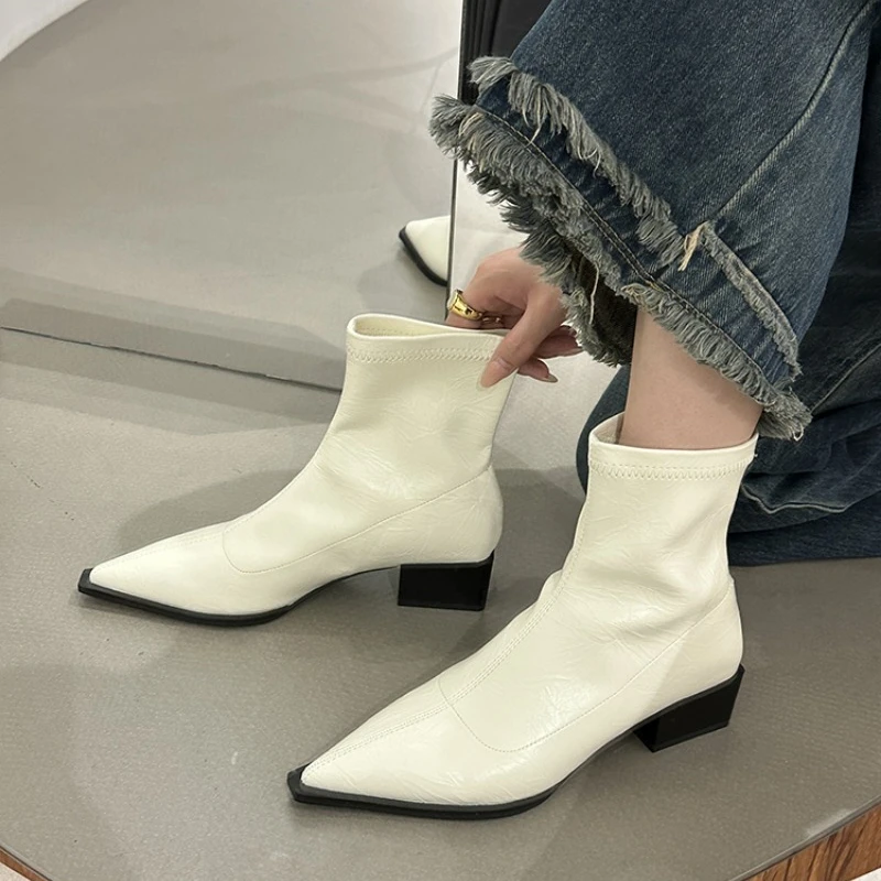 Shoes for Women 2023 New High Quality Silver Women's Boots Sexy Pointed Toe Mid Heel Ankle Boots Stylish Office Female Shoes