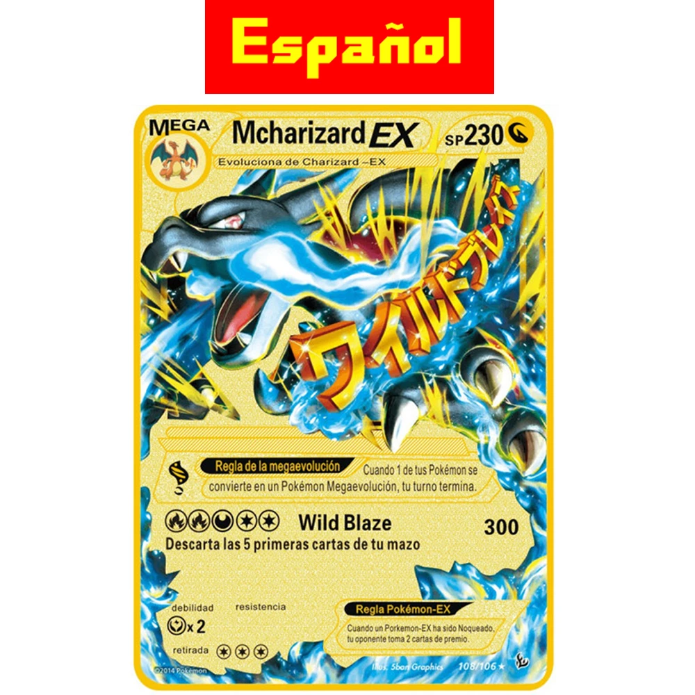 Spanish Gold Pokemon Card Vmax Gx V Mega Charizard Pikachu Venusaur Pokemon  Metal Card Collection Game Original Evolution Toy - Game Collection Cards -  AliExpress