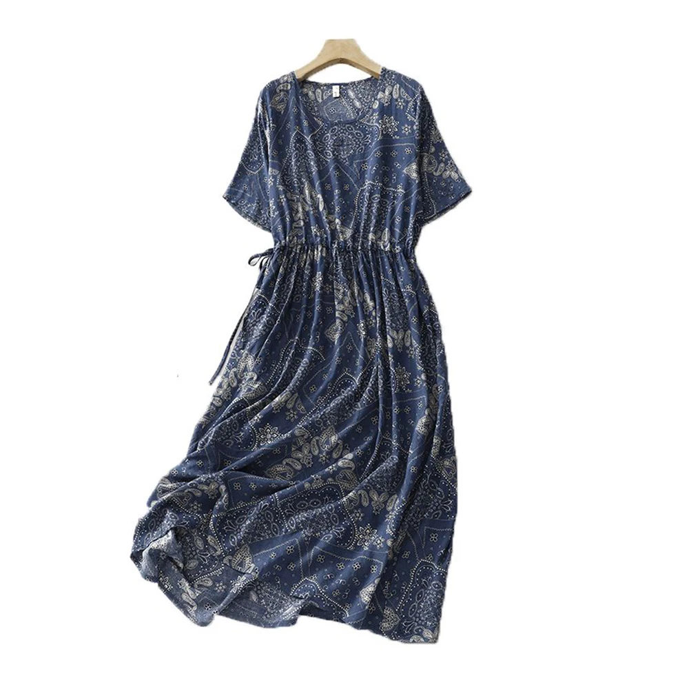 

2024 [70% Cotton] (Pocket) Women's Summer Vintage Floral Short Sleeve Waisted Commuter Long Drawstring Fluttering Swing Skirts