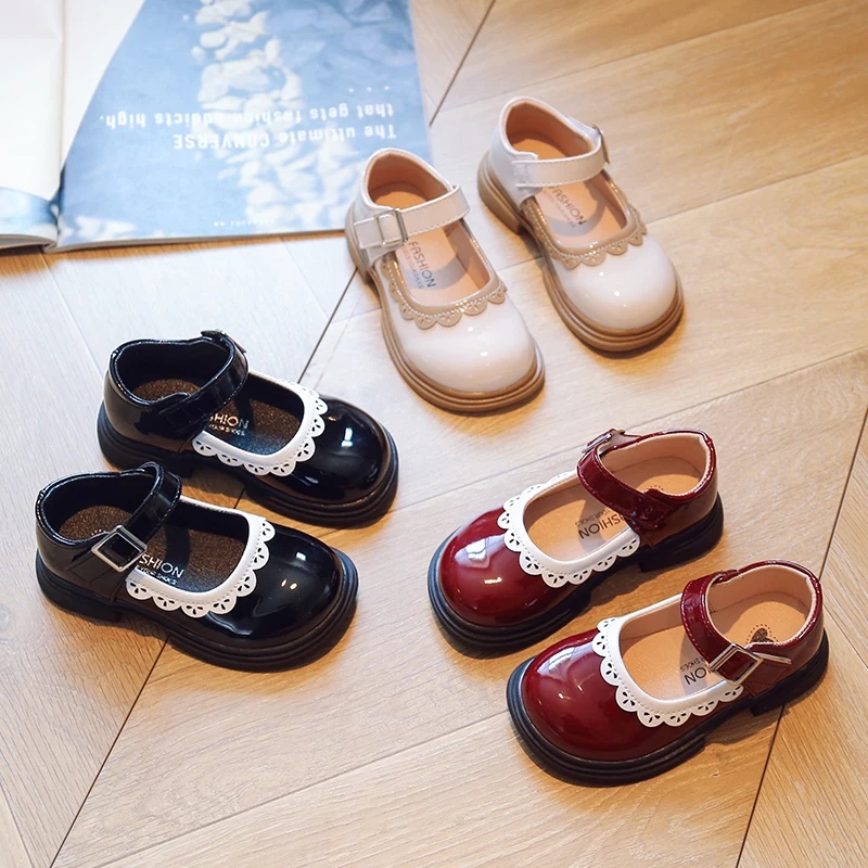 Children's Soft Princess PU Leather Shoes Lolita Loafer Fashion Kids Breathable Lace Girls Soft Sole Shallow Mary Jane Versatile 4