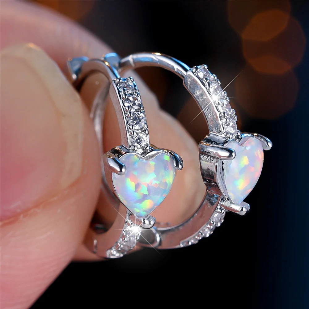 Trendy Crystal White Blue Opal Stone Love Heart Hoop Earrings For Women Vintage Gold Silver Color Wedding Jewelry
