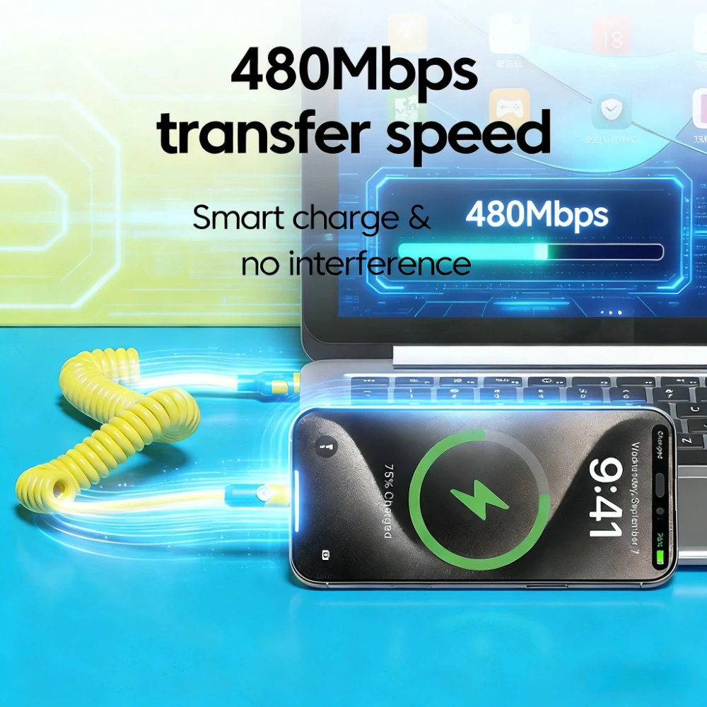 2026년 신제품 100W 스프링 데이터 케이블 리트랙터블 USB A to 타입 C 고속 충전 케이블 1.2M 짧은 USB 타입 C 케이블 휴대폰 노트북용
