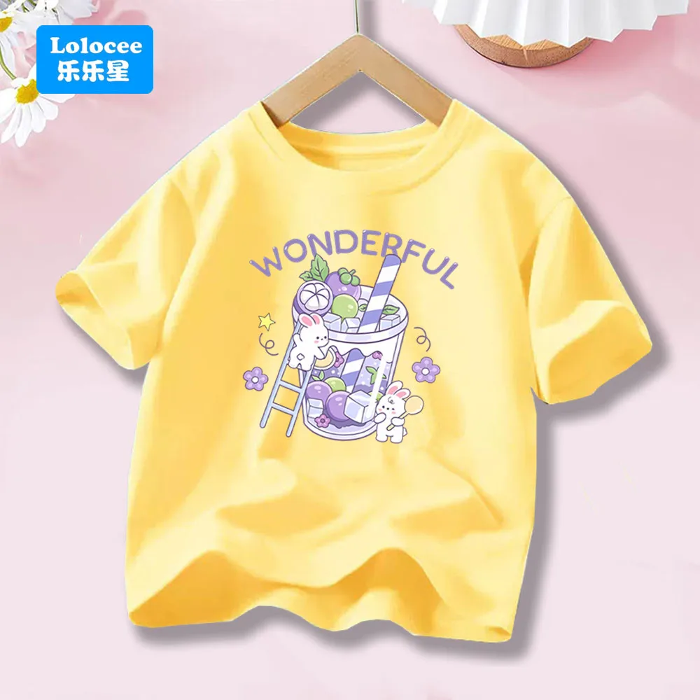 신선한 과일 음료와 토끼 인쇄 소녀 티셔츠 여름 짧은 소매 코튼 티셔츠 키즈 카와이 루즈 탑 티 YLPT1