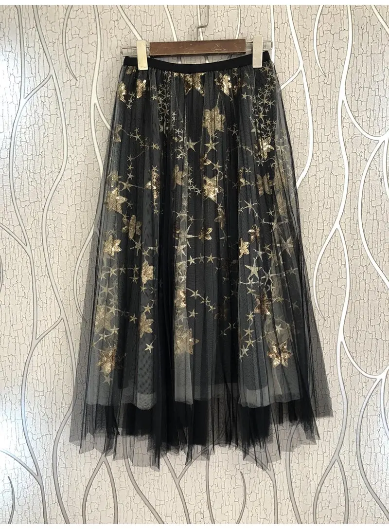 

New 2023 Spring Fashion Style Skirts High Quality Women Elastic Waist Sequined Deco Sexy Casual Long Maxi Mesh Skirts Club Wear