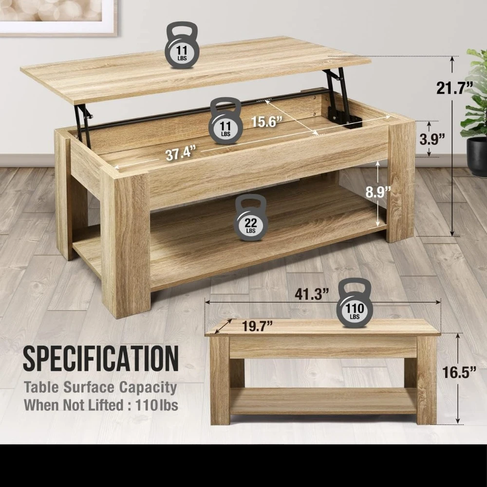 Lift Top Coffee Table w/Storage, Storage Coffee Table w/Lift Top for Living Room, Rising Tabletop Coffee Table w/Hidden 3