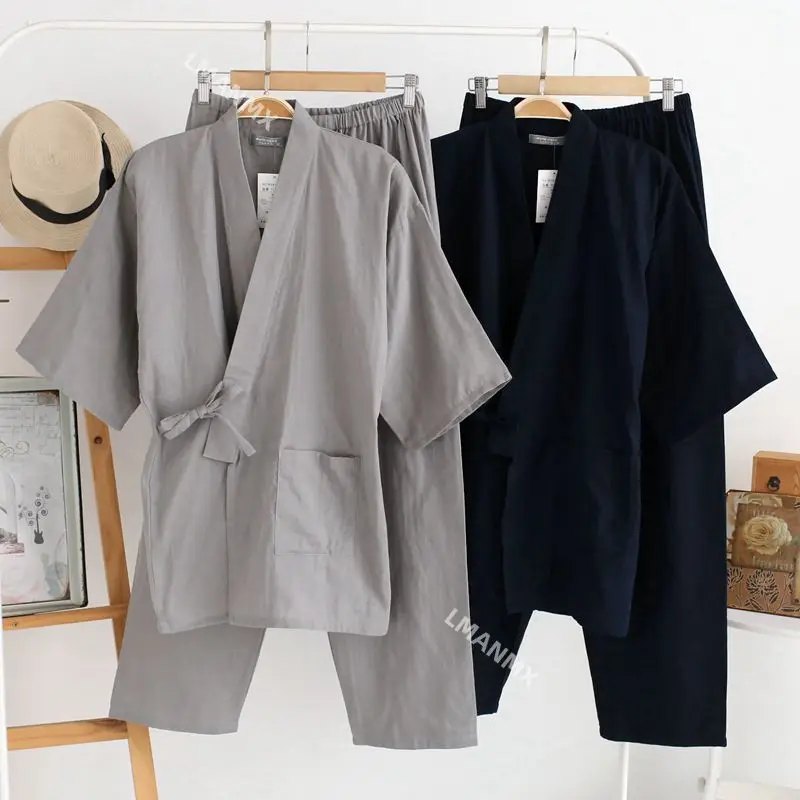 Japanese Style Kimono Cardigan Pants 2pcs Set Men's Nightwear Bathrobe Cotton Comfortable Home Suit Robe Sleepwear Daily Casual japanese kimono japanese kimono cardigan