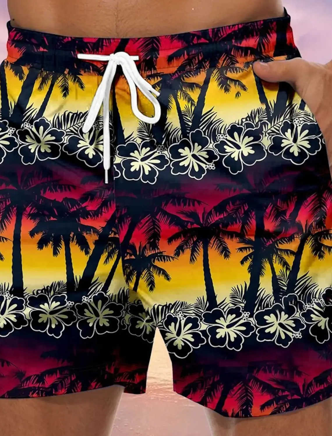 thumbnail image 1 of Pantalones cortos de tabla para hombre, pantalones cortos de playa con cordón, estampado Tiki, árbol de coco, de secado rápido, pantalones cortos casuales hawaianos para vacaciones, 4 microelásticos, 1 of 5