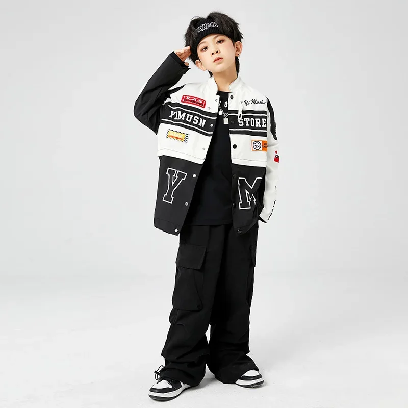 

Kids Kpop Hip Hop Showing Clothing Motocycle Baseball Coat Black Cargo Pants For Girl Boy Jazz Kpop Dance Costume Clothes Wear