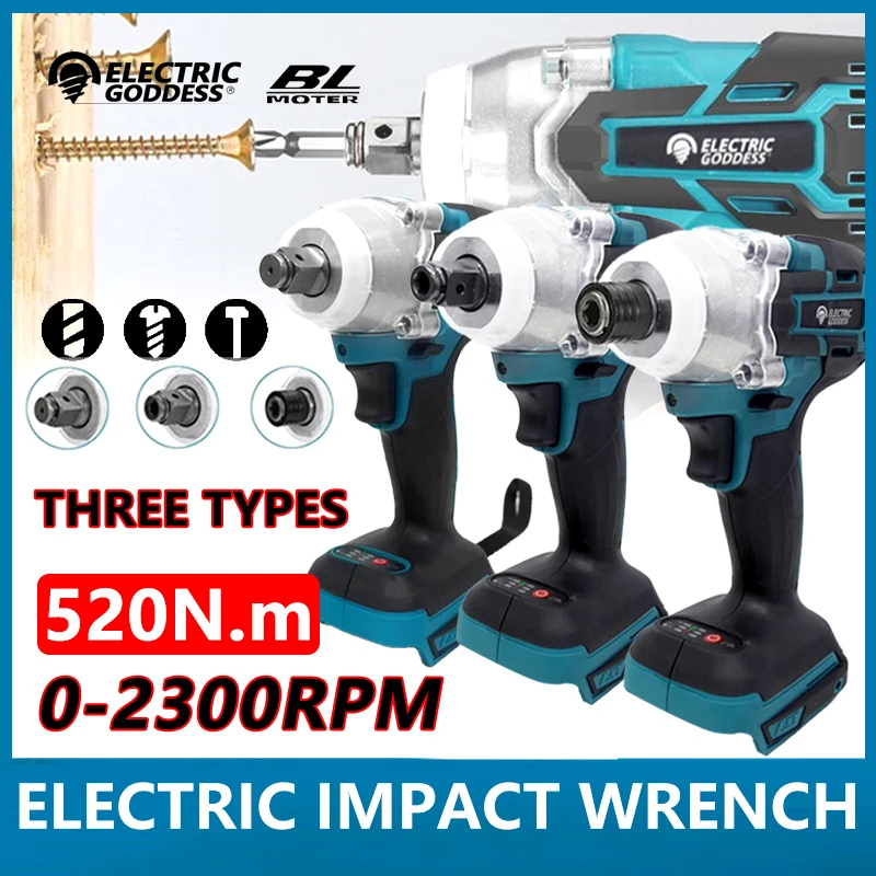 TW285 Brushless Impact Wrench 520N.M High Torque 1/2 and 1/4 inch Electric Tool 3 Types of Heads Suitable for Makita 18V Battery
