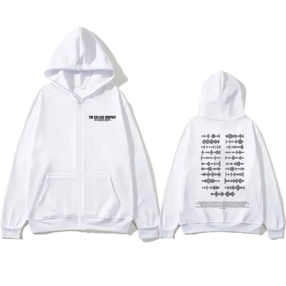 Kanye West The College Dropout Music Album Soundwave Tracklist Print Zipper Hoodie Male Hip Hop Hoodies Oversized Zip Up Jacket