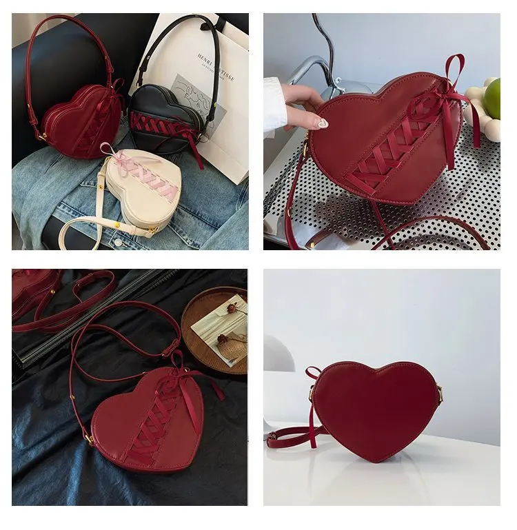 JIAERDI Retro Heart Red Crossbody Bags For Women 2025 Pu Leather Chic Bow Messenger Bag Ladies Retro Sweet Handbag Purse Female