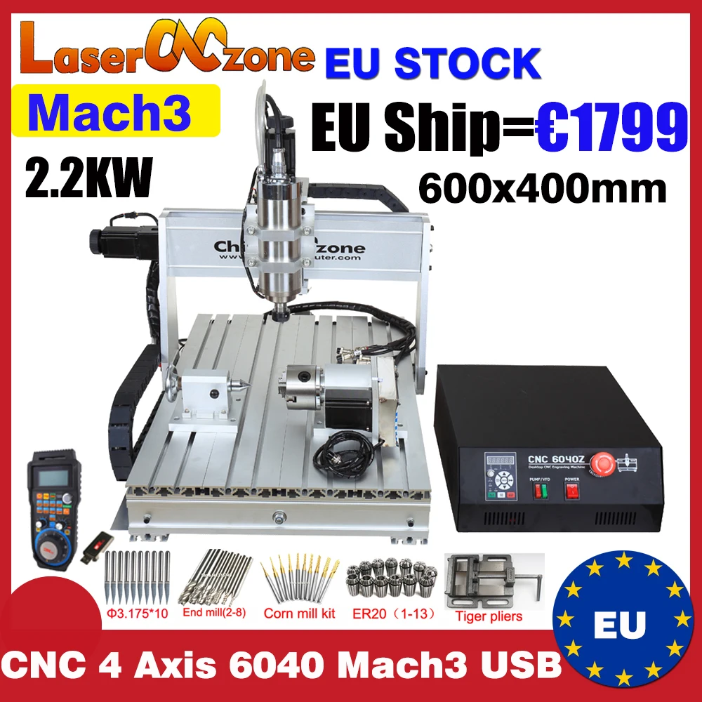 

CNC 6040 4 AXIS 2.2KW Router Engraving Machine MACH3 USB 2200W Milling Drilling Cutter Engraver for Wood Working Machine EU Ship