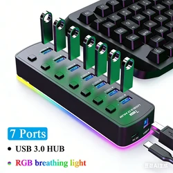 Enhanced RGB 7 - Port USB 3.0 Hub with Individual On/Off Switches (BLACK)
