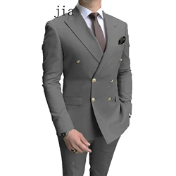 2023 Casual Sky Blue Men Suits Double Brested Peak Lapel  Gold Button Groom Wedding Tuxedos Best 2 Pcs Blazers Jacket Pants Set