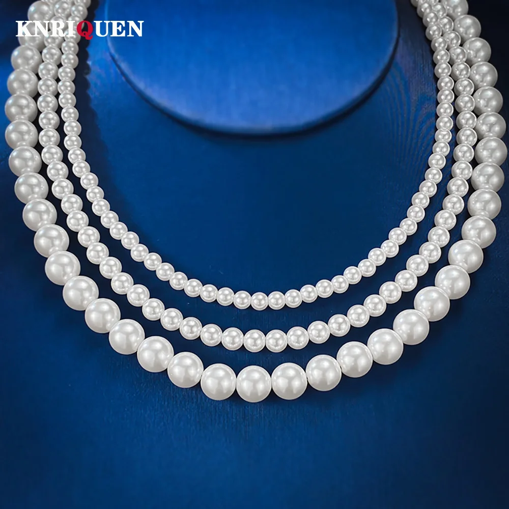 

Luxury 925 Sterling Silver Round 4-5-8mm Pearl Chain Necklace for Women Cocktail Party Fine Jewelry Female Anniversary Gift 40CM