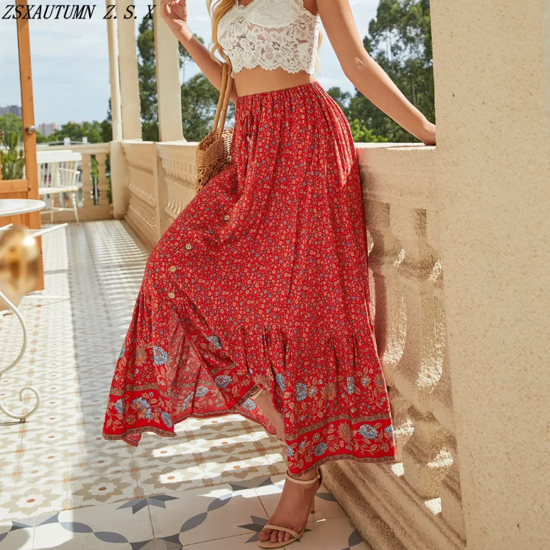 

Spring Summer High Waist Printed Women's Long Skirt Split Half Beach A-line Skirt Fashion Hip Wrap Slim Vintage Floral Skirt