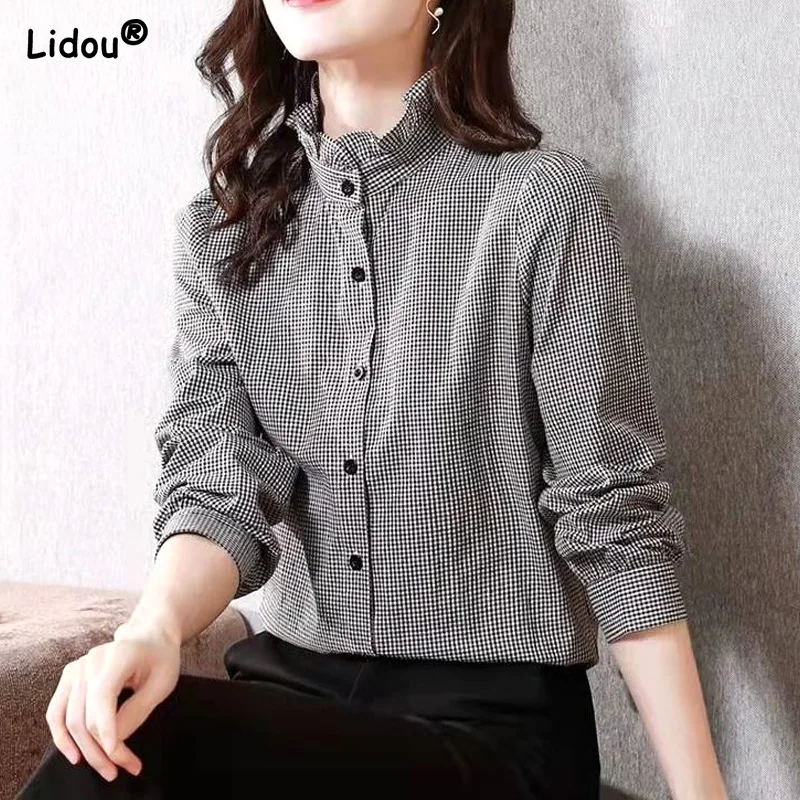 Button Thin Lattice Office Lady Comfortable Simple Bottoming Ruffled Temperament Women's Clothing 2022 Spring Summer Casual Tops осень зима женщины стрейч плиссированный тонкий вязаный свитер all match thin bottoming рубашка топ высокий вырез пуловер джемпер