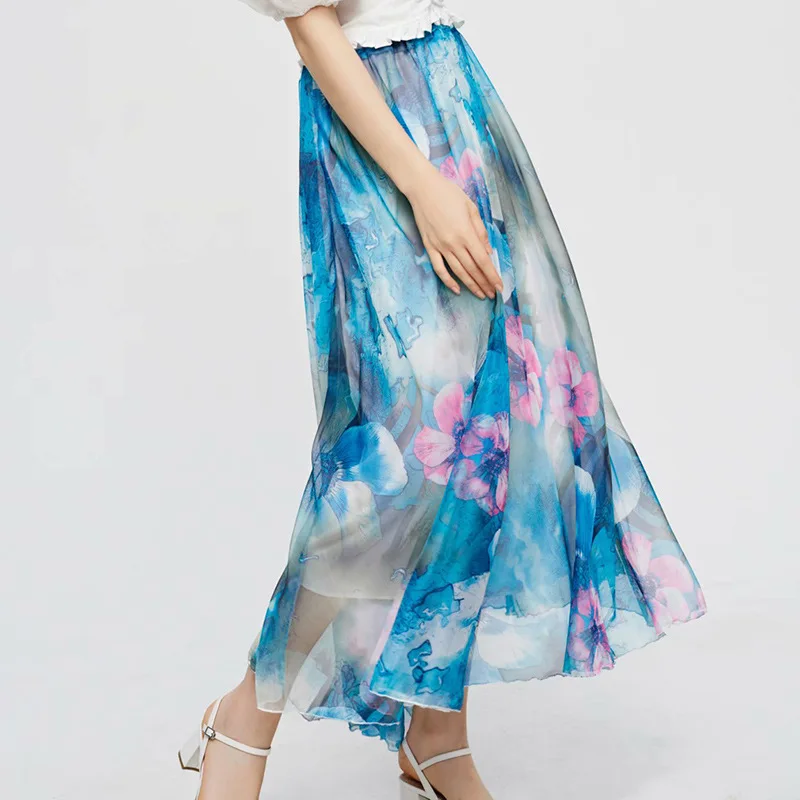 

2021 Summer New Chiffon Print Floral Pleated Skirts Women Patchwork A-line Thin Slim Temperament Vacation Skirt Female Boho Blue