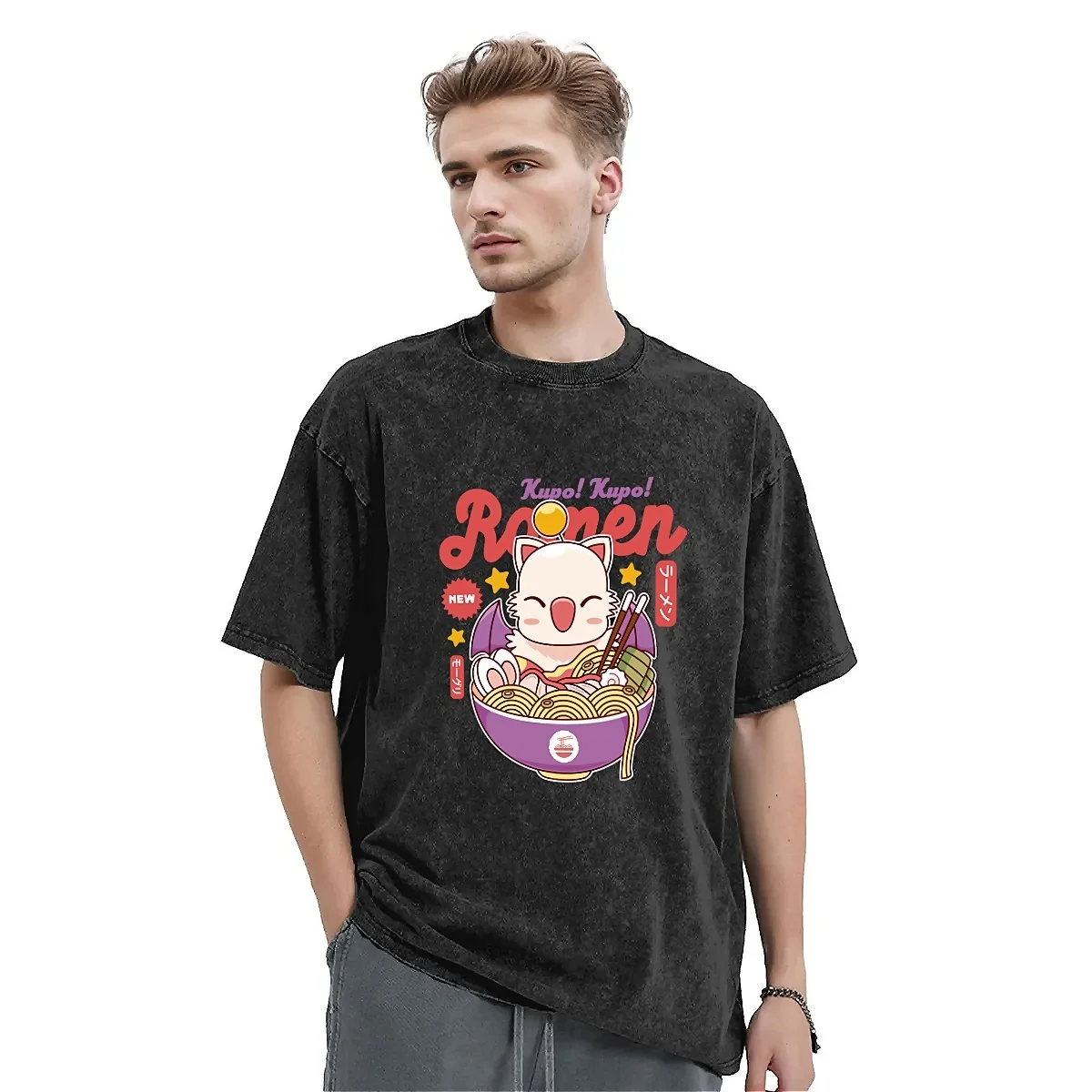 

Винтажная промытая футболка Moogle Kupo, повседневные футболки с рамен, Милая футболка с животными в стиле хип-хоп, футболка унисекс, летняя одежда с логотипом Y2K в стиле ретро
