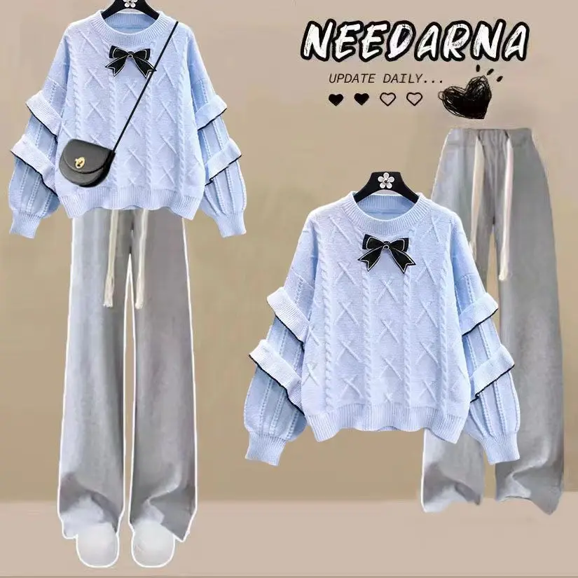 2023 Autumn/Winter Set Korean Loose Knitted Small Fresh Sweater+High Waist Wide Leg Jeans Two Piece Set Fashion
