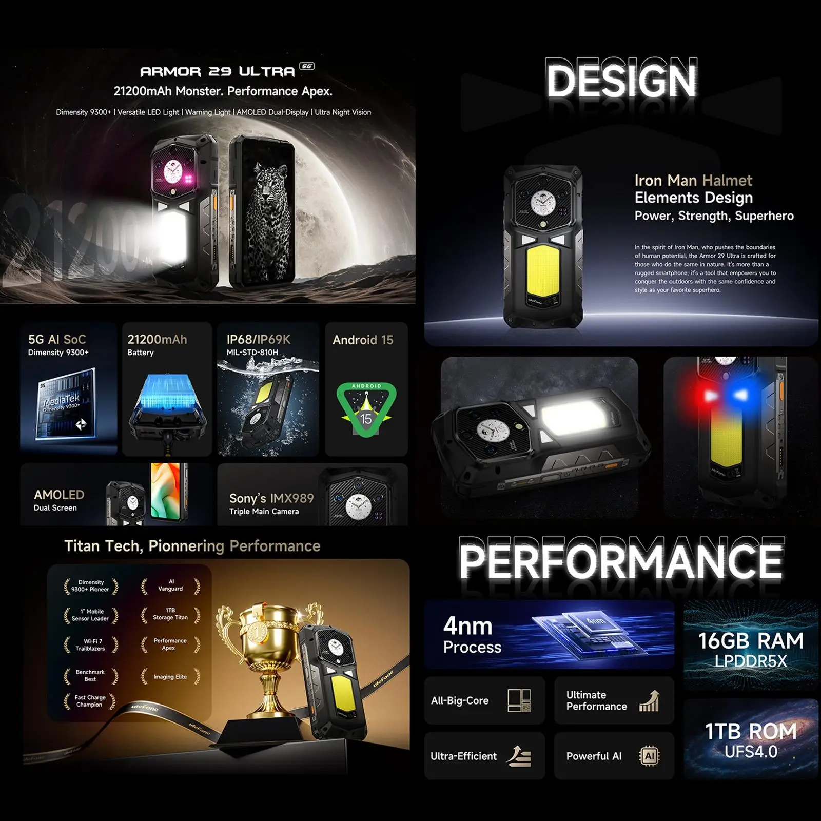 Ulefone Armor 29 Ultra 5G AI Rugged Phone 16GB+1TB Night Vision 21200mAh 6.67" Dimensity 9300 Versatile LED Light NFC Smartphone