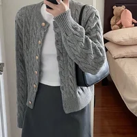 2024 Vintage Long Sleeve Cardigan Women Sweater O-neck Elegant Knitted Top Fashion Autumn Grey Knitwear - Image 3