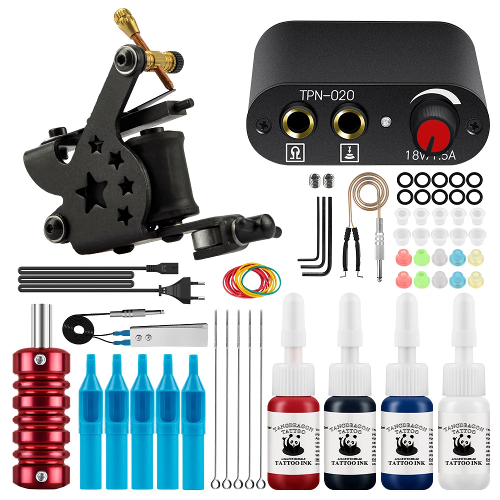 Phoenixy Beginner Complete Tattoo Body Art Kit with 4 Colors Inks Permanent Pigment Cartidge Needles Tattoo Machine Gun Set