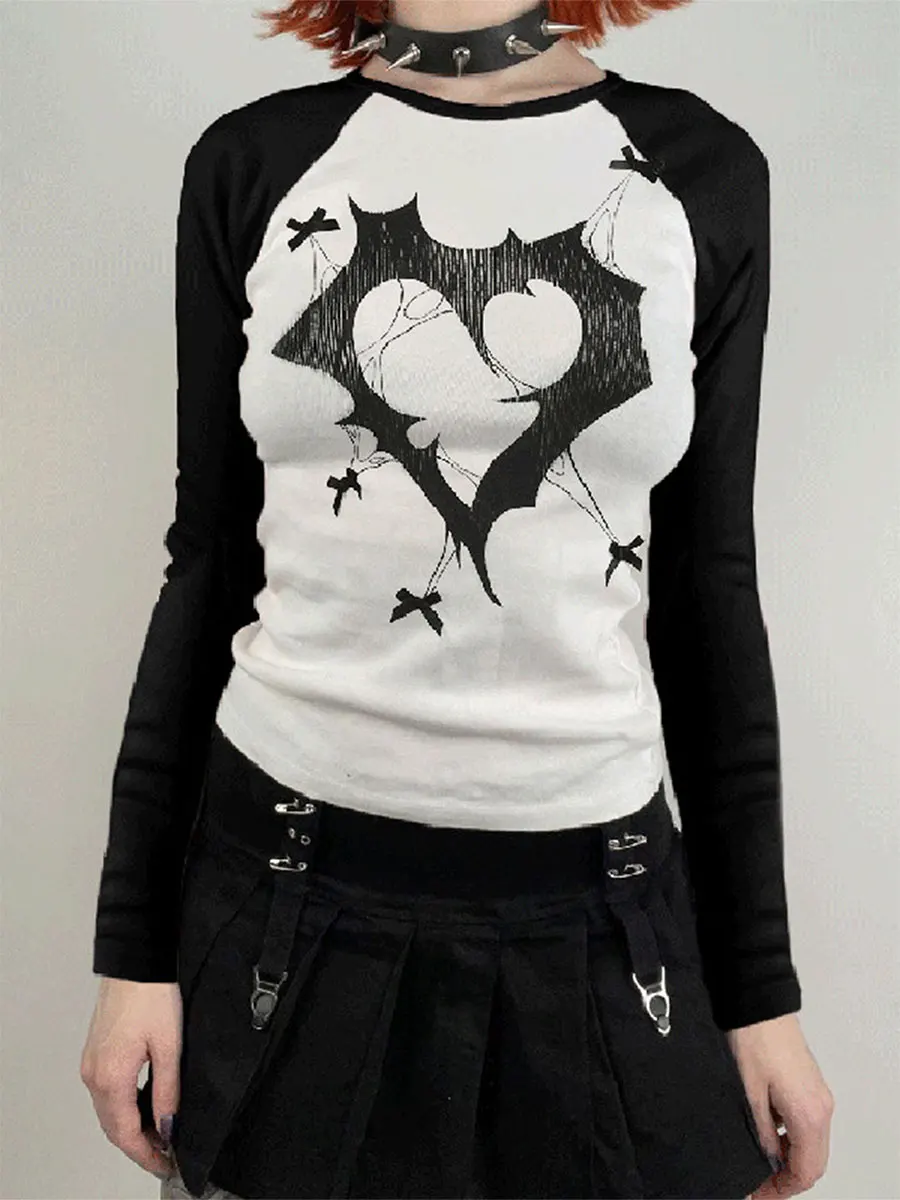 

2023 Women Vintage Shirt Fairy Grunge Long Sleeve Heart Print Crop Tops 90s Round Neck Slim Fit T Shirt Spring Fall