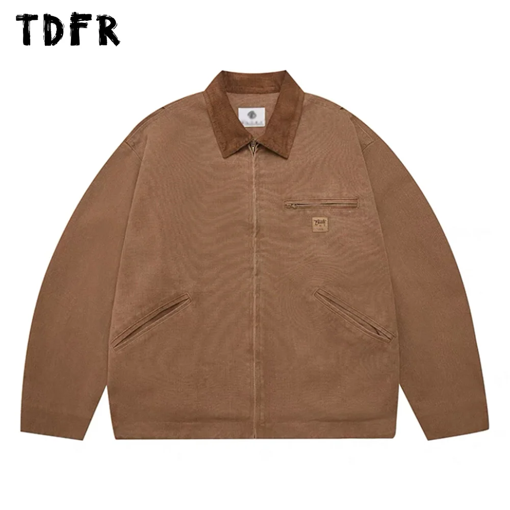 

Spliced Lapel Cargo Jacket MensPocket Autumn Retro Casual Loose Long Sleeve Zipper Jacket Men