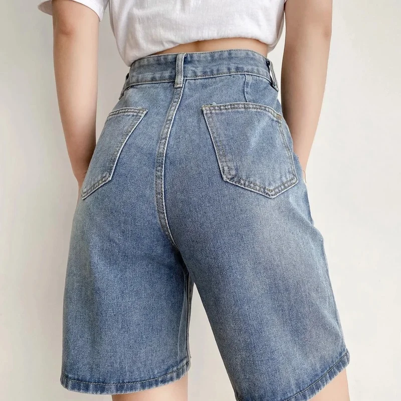 Women High Waist Vintage Denim Shorts Chic Summer 2024 New Mall Goth Loose Korean Fashion Y2k Straight Short Pants Blue Harajuku
