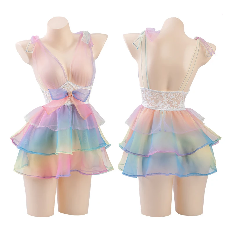 

Women Princess Elf Chiffon Rainbow Yarn Dress Sweet Lolita Girl Candy Cake Dresses Lingerie Transparent Pajamas Nightdress