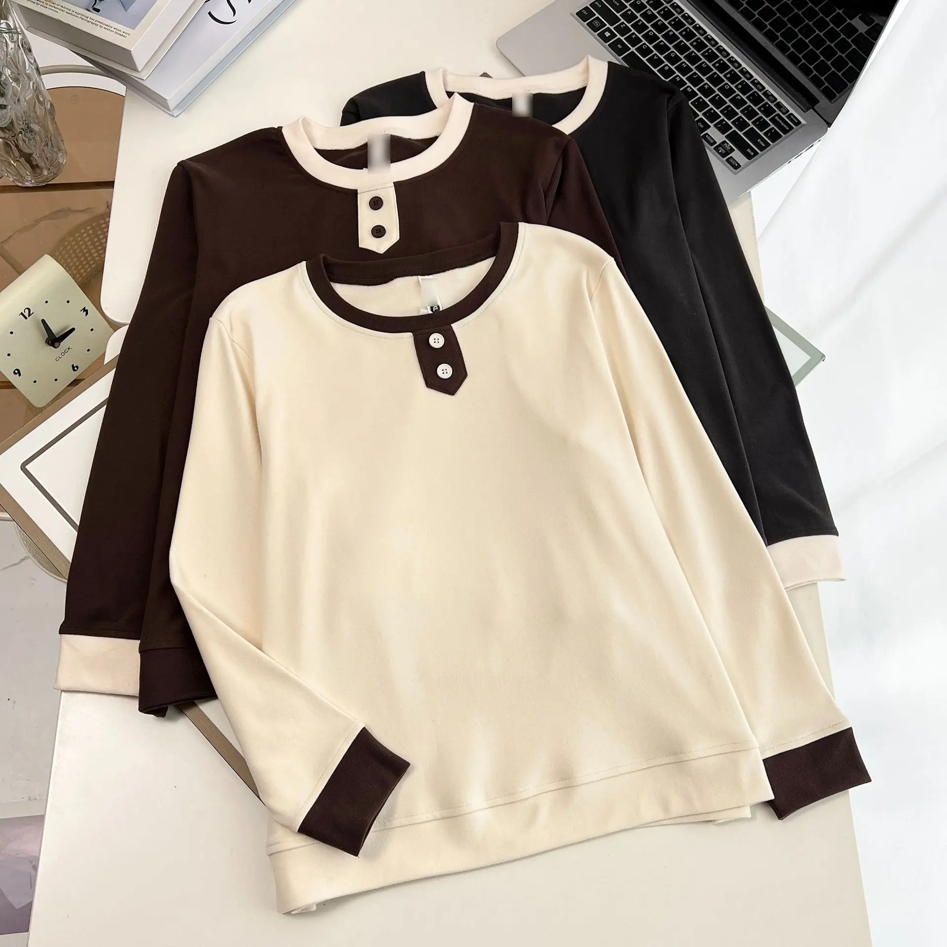 XXXXL Fashion Plus Size Women's T-Shirt Autumn And Winter New Casual Block Color Button double-sided Fleece Warm Tops 804