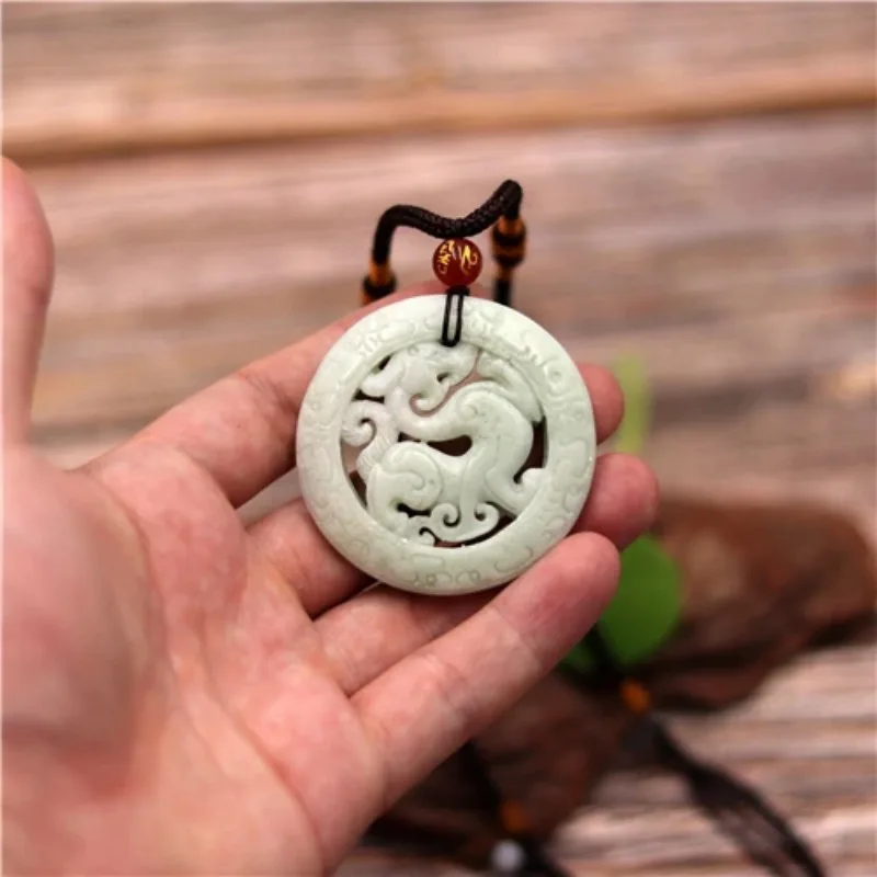 Natural White Green Chinese Jade Dragon Pendant Necklace Fashion Charm Jewelry Double-sided Hollow Carved Amulet Gifts for Her pendant necklace