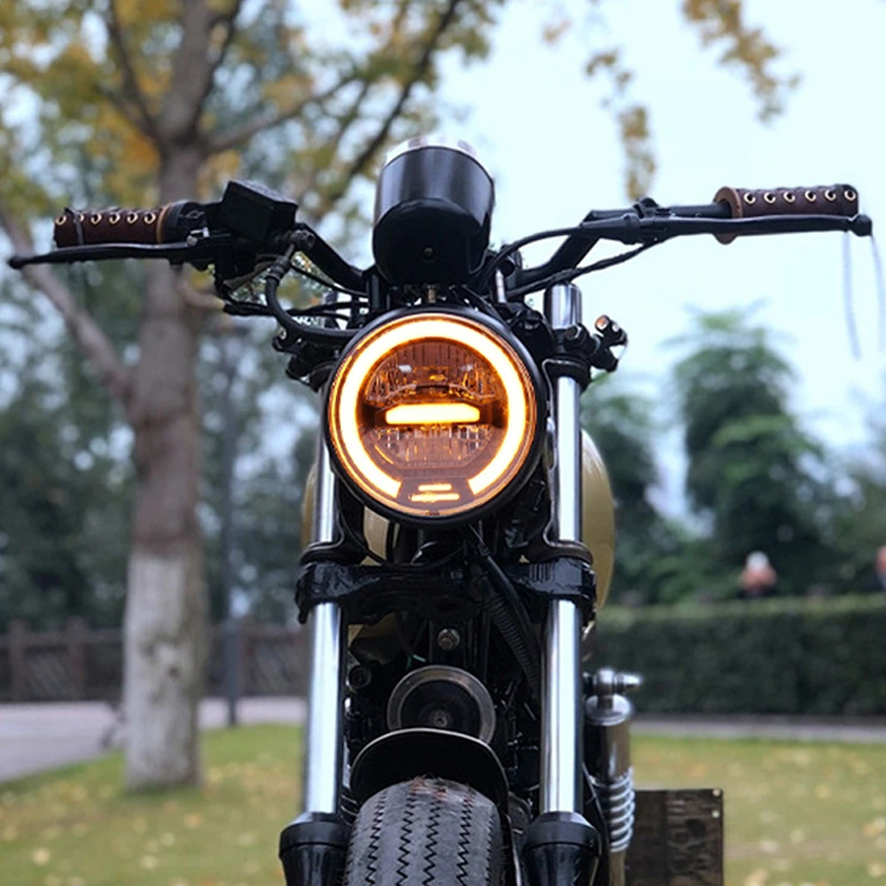7 Motorcycle Amber LED Halo Angel Eye Headlight W/ 6000k LED Light Bulb Harley